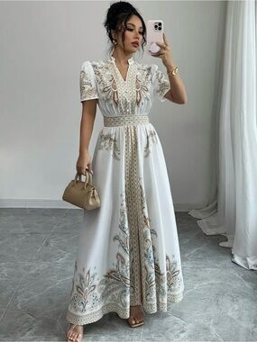 White Embroidered Maxi Dress with Gold Trim